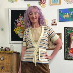 Vintage Belted Cardigan, 1970s Short Sleeve Striped Sweater with Waist Tie, S-M